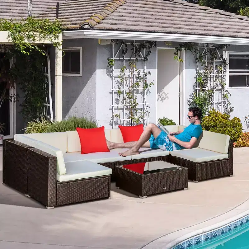 7 Piece Outdoor Patio Furniture Set, PE Rattan Wicker Sectional Sofa Set with Couch Cushions, Throw Pillows and Coffee Table