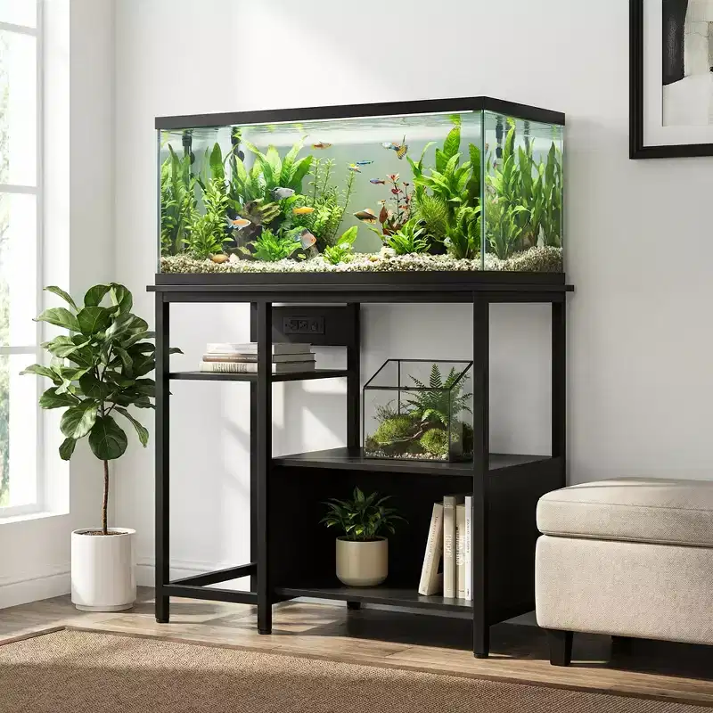 Heavy Duty 40-50 Gallon Aquarium Stand with Power Outlets, Metal & Wood Fish Tank Stand with 4-Tier Open Shelves, for Turtle & Reptile Terrarium
