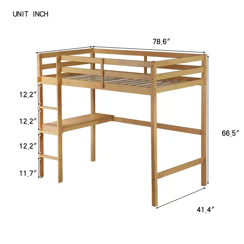 MAYEERTY Twin High Loft Bed with Safety Guardrail, Bulit-in Desk, Ladder Beige