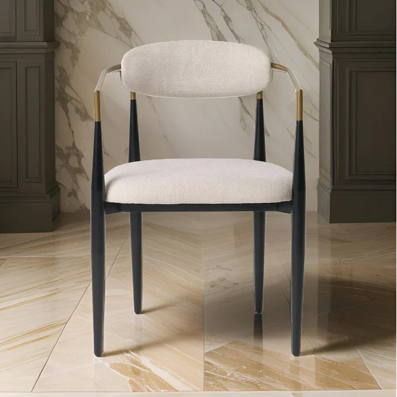 23 Inch Dining Chair, Light Gray Polyester, Black Iron Legs, Gold