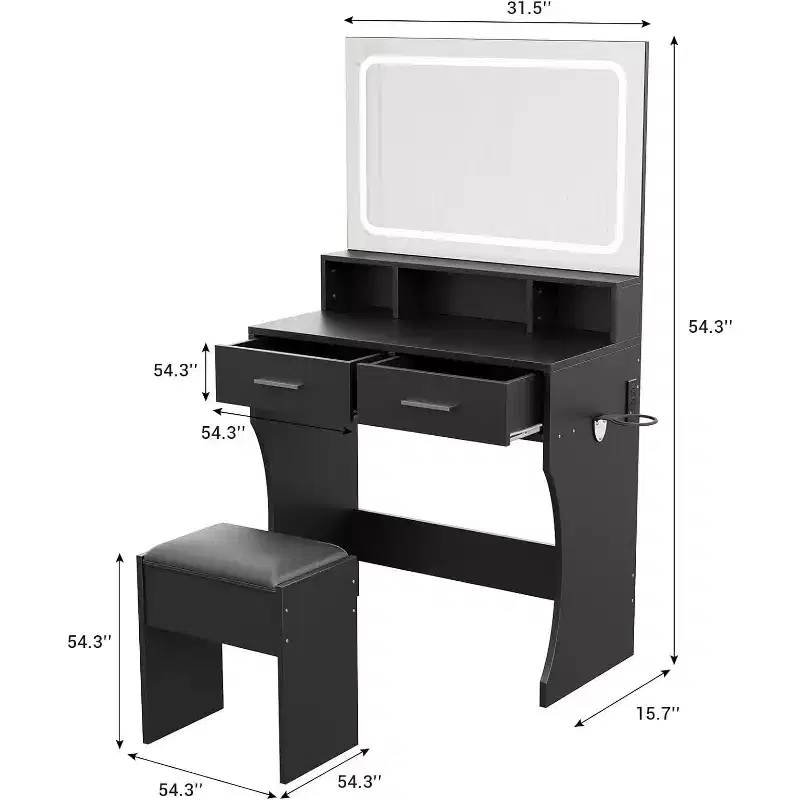 Makeup Vanity Desk with Mirror and Lights, Girls Vanity Table with Drawers, Open Shelves & Cushioned Stool, Wooden Dressing Table for Bedroom