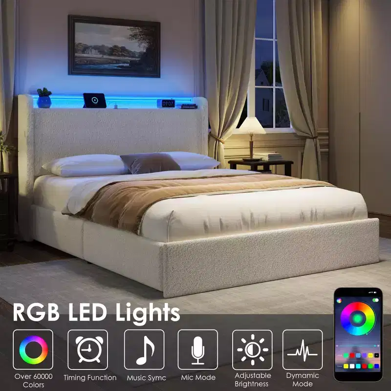 Upholstered Bed Frame with 4 Drawers, Headboard, LED Lights & Charging Station, No Box Spring