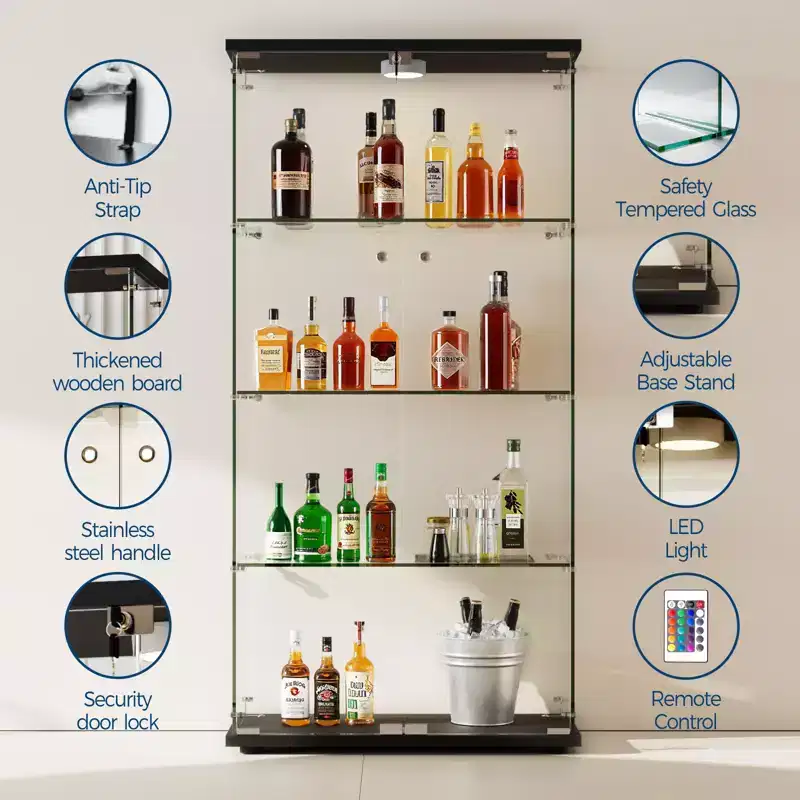 4-Tier Tempered Glass Display Cabinet, Full-Glass Curio Case with LED Lights & Human Body Sensor, Storage Cabinet for Collectibles & Decor