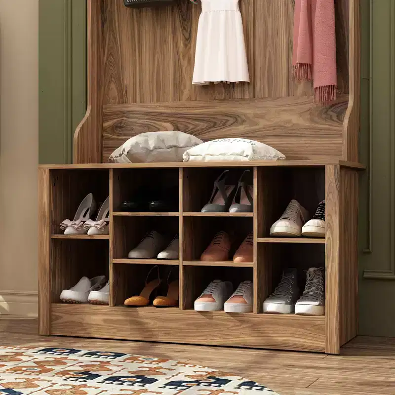 Famapy Wood 3-in-1 Hall Tree Bench with Double Hooks and Shelves