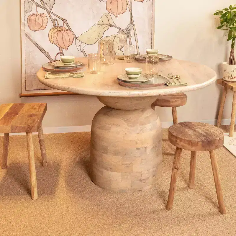 Mango Wood Dining Table Natural: Whitewashed Finish, Pedestal Base, 47" Diameter