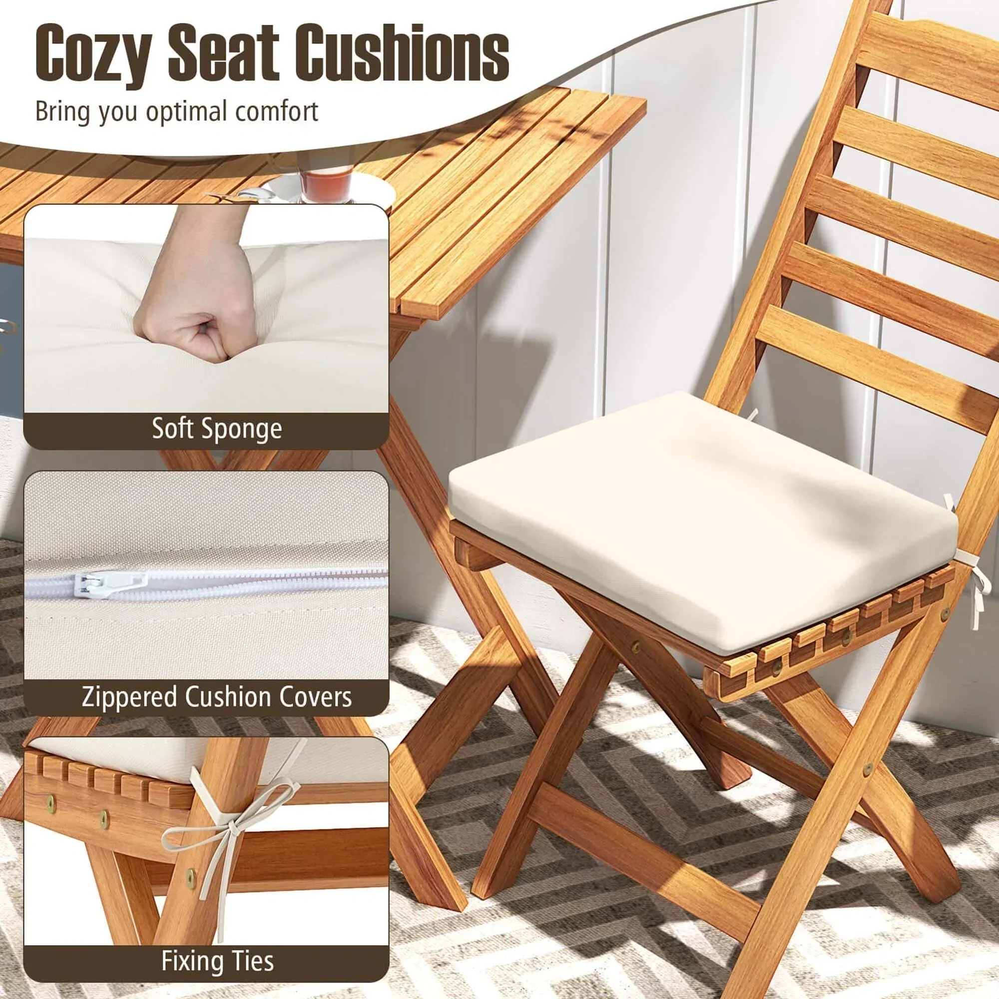 Patiojoy 3-Piece Folding Bistro Set with Removable Seat Cushions - See Details