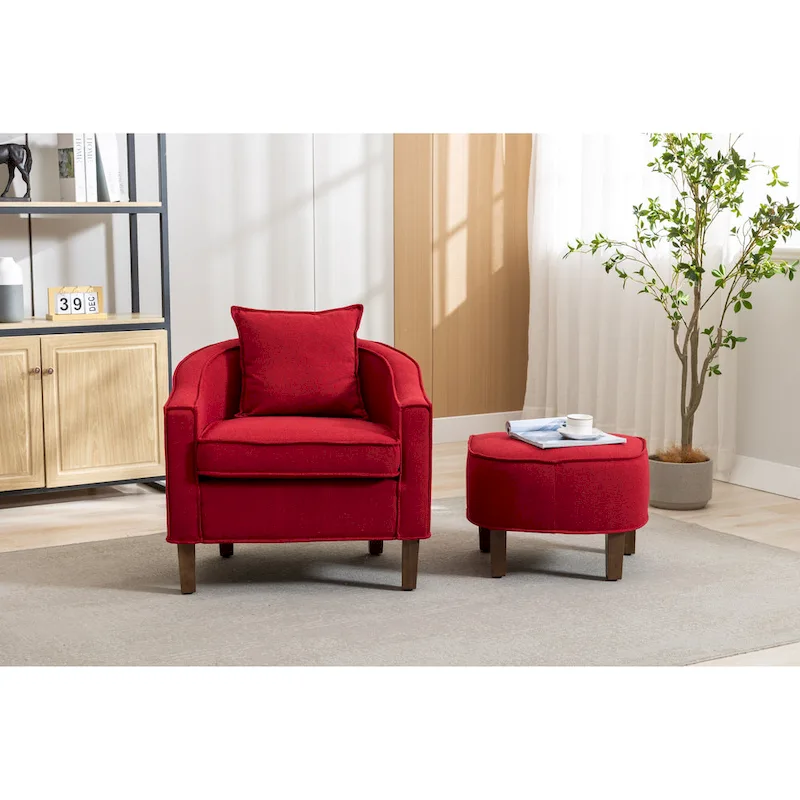 Mid-Century Upholstered Barrel Accent Round Arm Chair with Ottoman