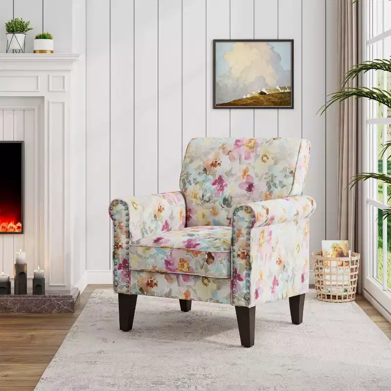 Traditional Rolled Arm Accent Chair with Pewter Nailheads Floral Pattern Pink