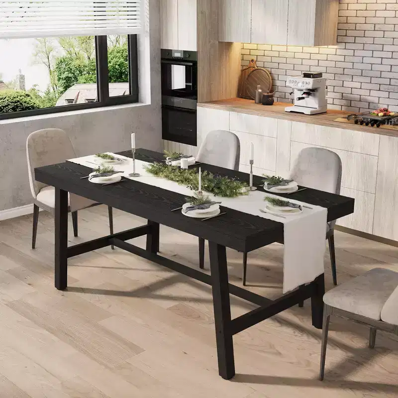 Industrial Dining Table with Metal Frame, Long Rectangular Kitchen Table for Dining Room