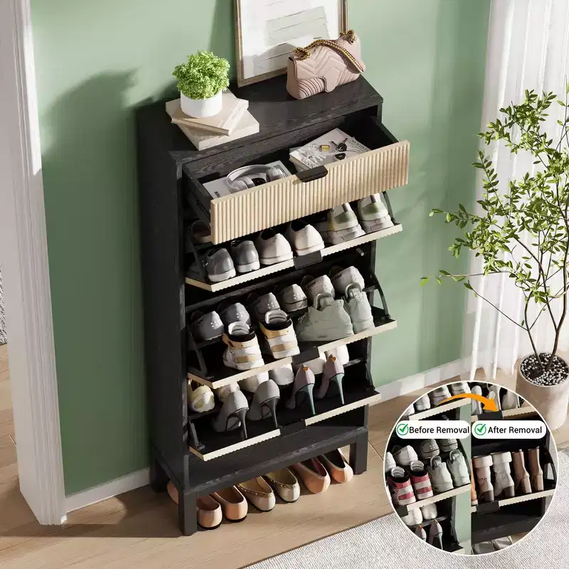 3-Drawer Shoe Cabinet - Farmhouse Fluted Design w/Metal Legs, Slim Entryway Organizer for Foyer/Hallway, White+oak/Black+oak/White+grey