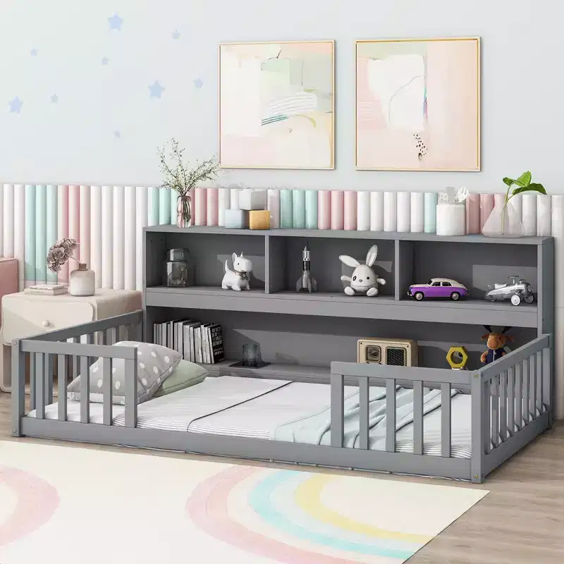 Twin Floor Bed with Bookcase, Shelves, Guardrails, Gray