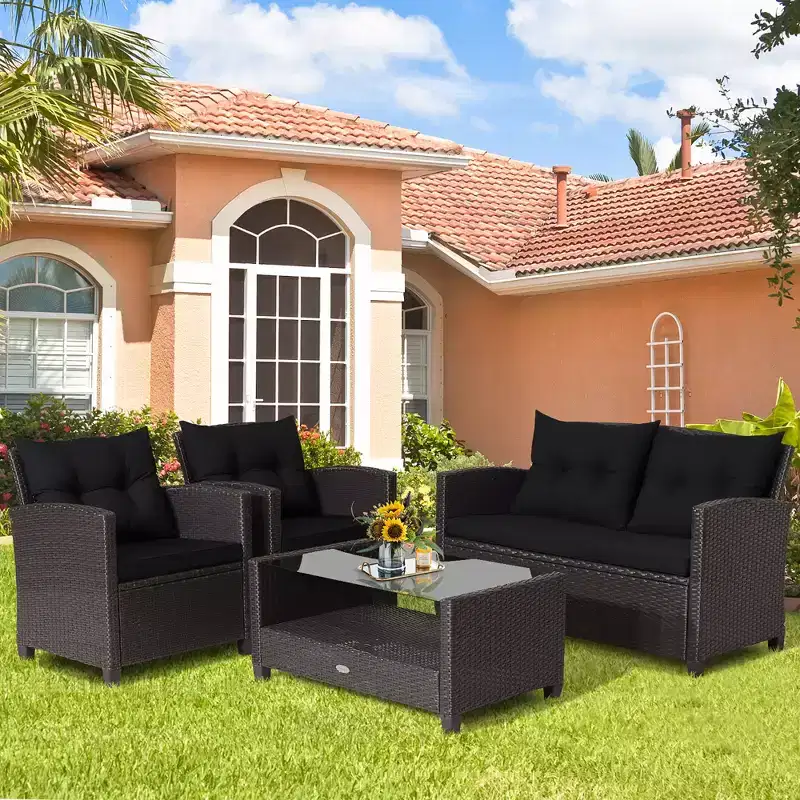 Costway 8 PCS Patio Rattan Furniture Set Glass Table Shelf Sofa Cushion Black/Red/Turquoise/Navy/Gray