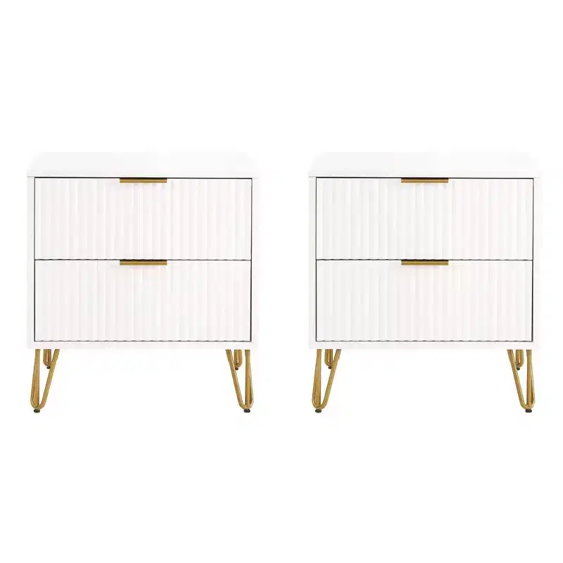 Manhattan Comfort Set of 2 Dumbo 2 Drawer Nightstands White: Modern Style, MDF Frame, Metal Glides, Storage Solution