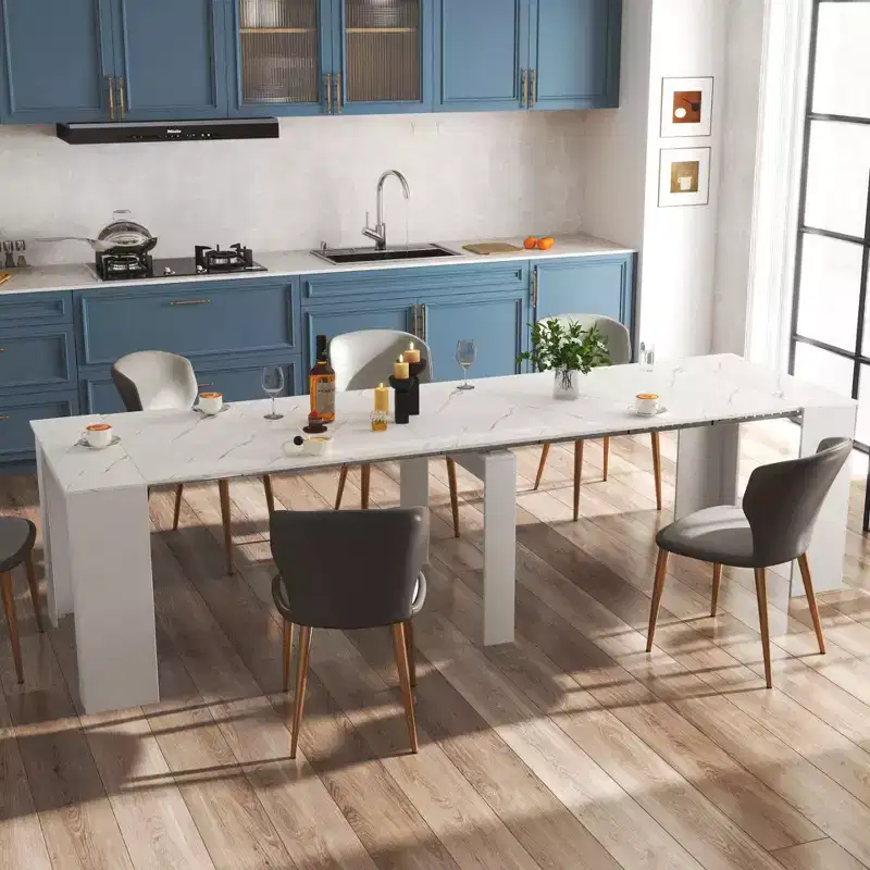 118IN Modern Extendable Dining Table with Marbal Painting, Folding Table Set for 6 Persons, Kitchen Table for Living Room, Dining Room, White