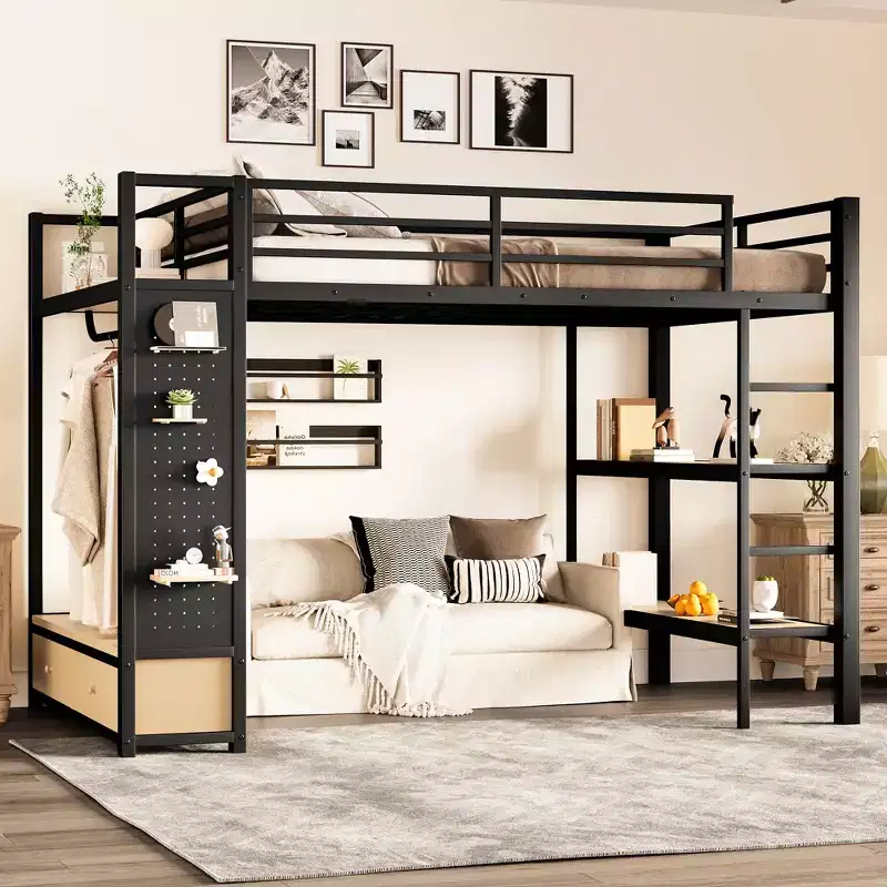 Full/Queen Size Metal Loft Bed Frame, All-In-One with Wardrobe, Storage Shelves & Pegboard, Black - ModernLuxe