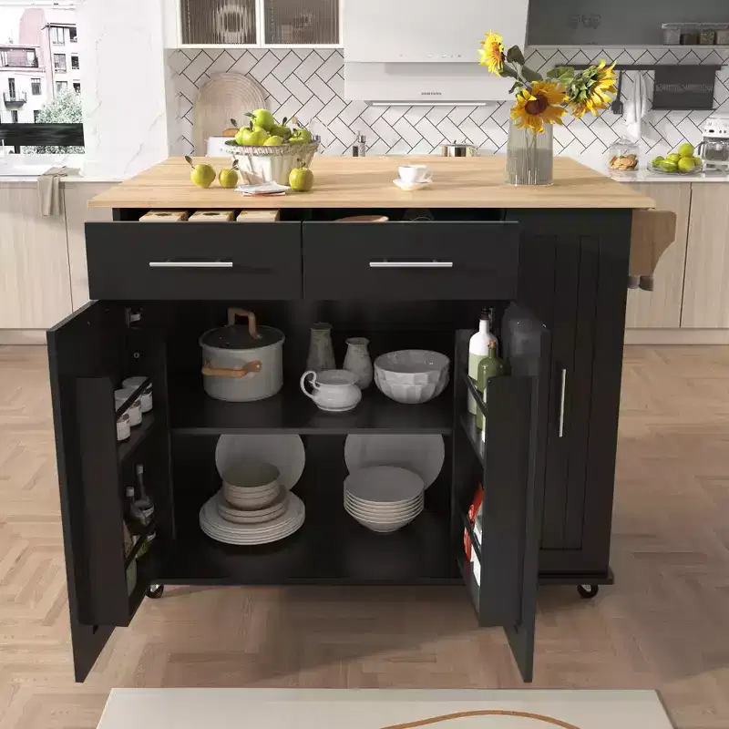 Kitchen Island with Drop Leaf, Storage Cart with 3 Tier Pull Out Cabinet Organizer, Internal Rack, Rolling Cart with Towel Rack & 2 Drawers