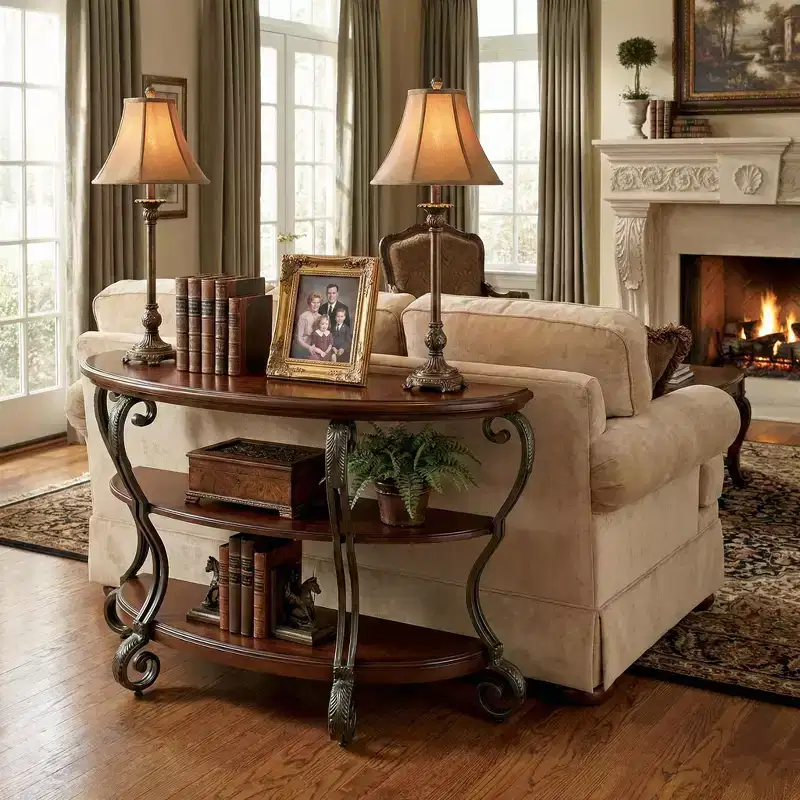 GDFStudio Nelly Traditional Solid Wood Console Table with Open Shelf and Ornate Scroll Metal Legs