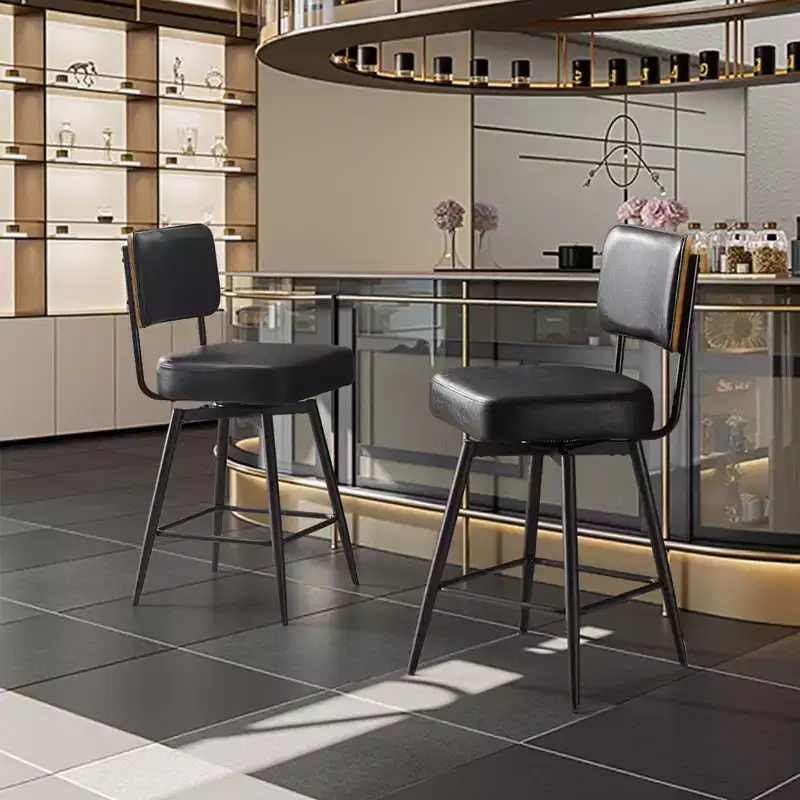 Karl Home Set Of 2 Black PU Leather And Curved Wood Back Bar Stools, Iron Base, Swivel