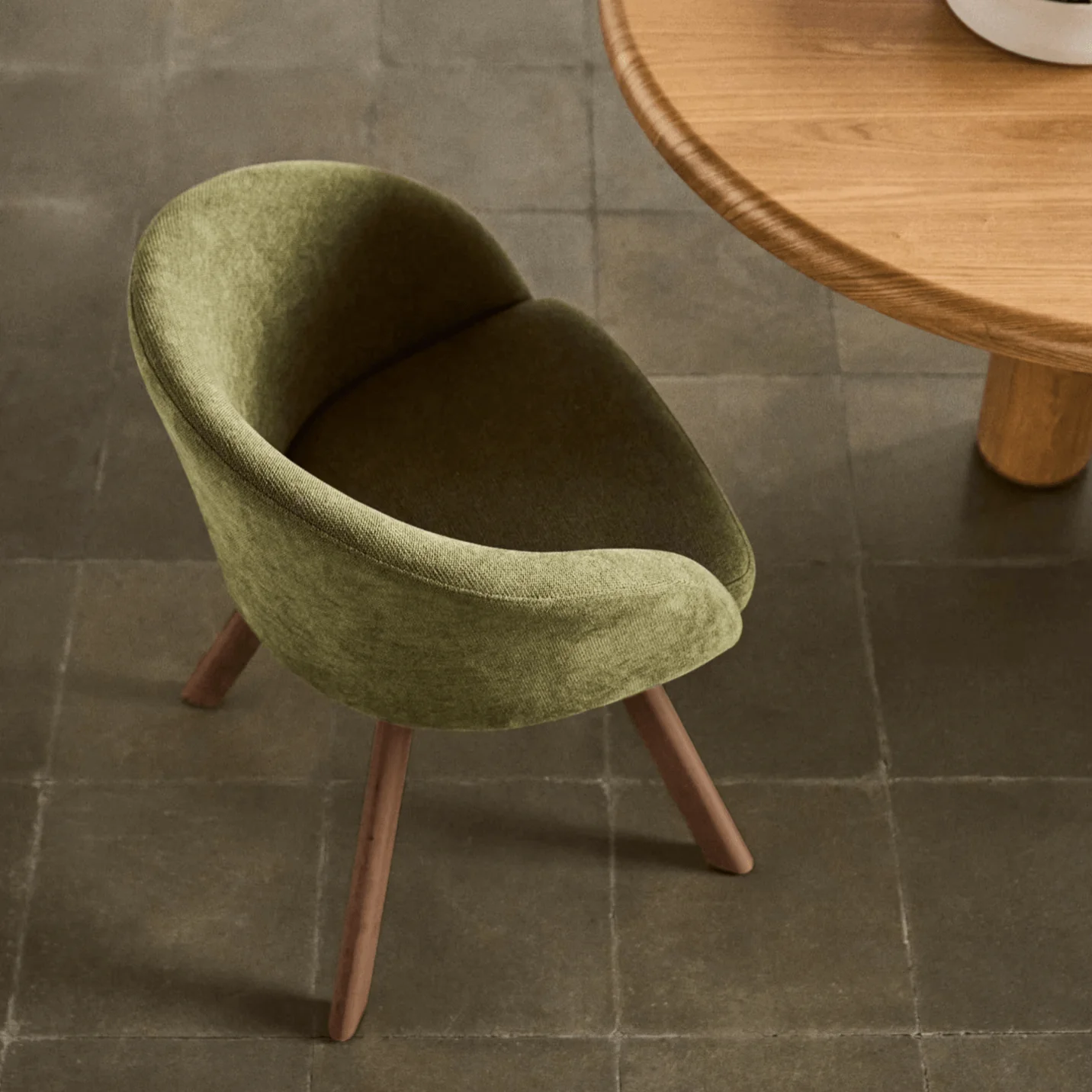 Mid-Century Green Walnut Dining Chair with Timber Legs and Swivel for Dining Room