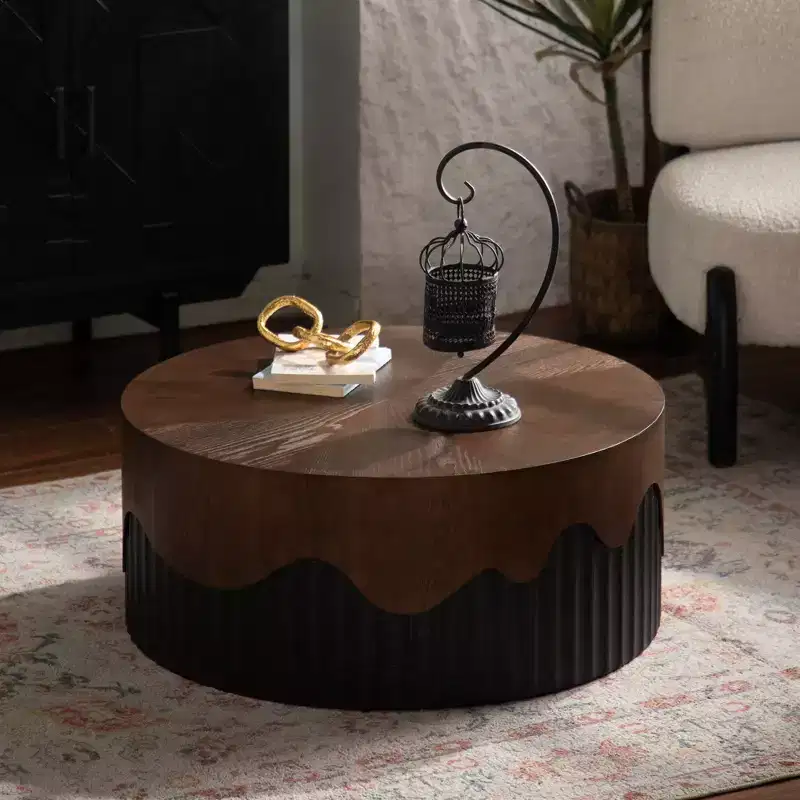 Round Wooden Coffee Table with Walnut Veneer Top