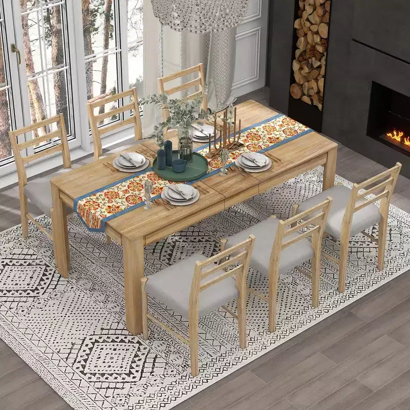 Whisen 7-Piece Wooden Dining Table Set Mutifunctional Extendable Table,12 Leaf and 2 Drawers, 6 Dining Chairs
