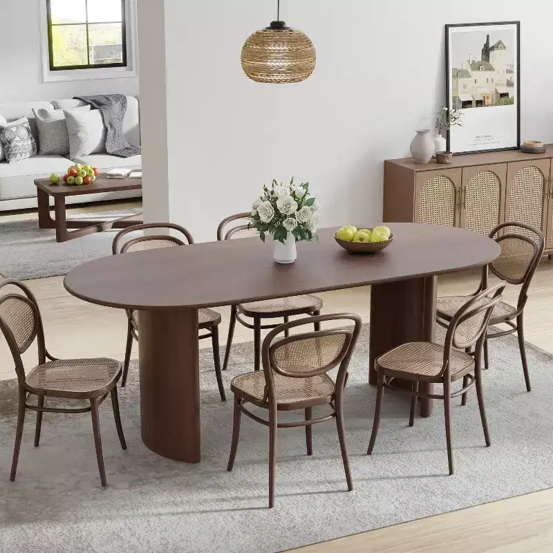 67 Oval Dining Table Farmhouse Wood Kitchen Table for 4-6 with Arc-Shaped Edge Top and Curved Shape Base for Living/Dining Room in Walnut