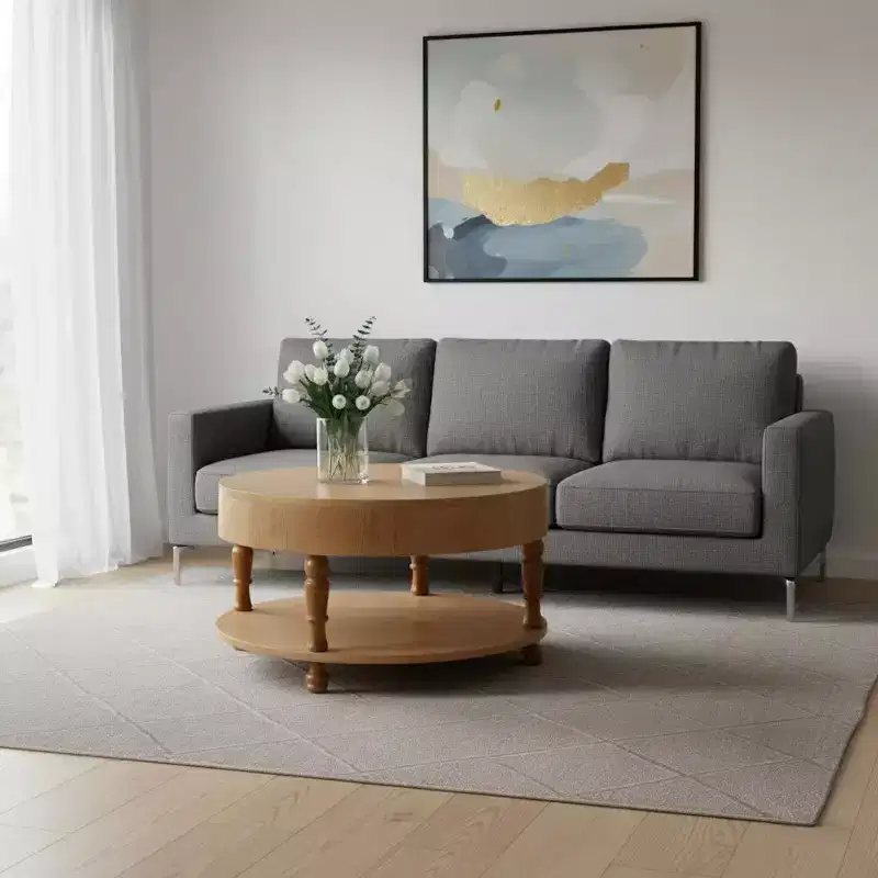 HomeRoots 32 Natural Wood Round Coffee Table With Hidden Storage And Shelf