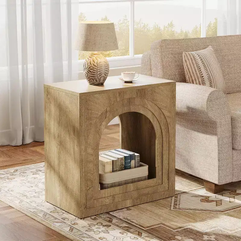 Square End Table, 2-Tier Farmhouse Side Table with Arched Open Shelf for Small Spaces, Living Room