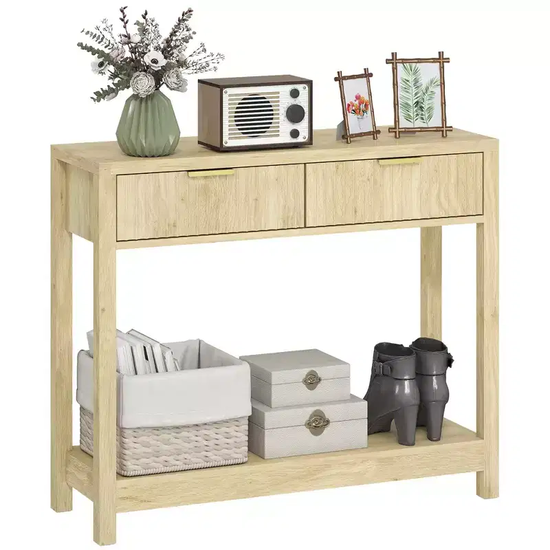 35 Modern Console Table with Storage, Narrow Hallway Table with Fluted Panel Drawers and Shelf for Living Room, Natural