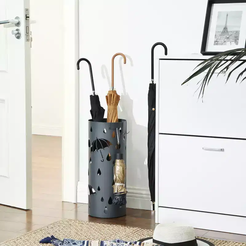 Umbrella Stand, Metal Umbrella Holder for Entryway, with Water Tray and 4 Hooks, 7.7 x 7.7 x 19.3 Inches, Round