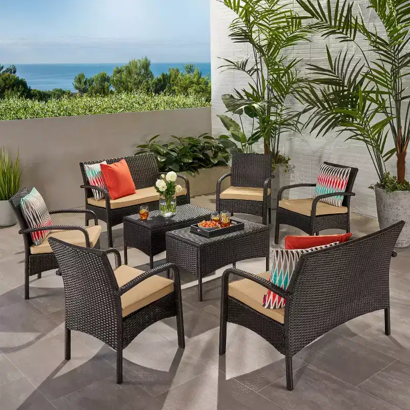 GDFStudio Kilburn Outdoor Wicker and Iron 8 Seater Chat Set with Cushions
