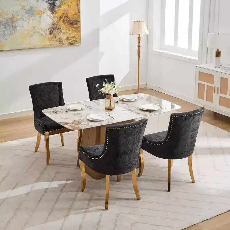 Okak Modern Chenille Dining Chairs Set of 2, Comfy Fabric Chairs with Thick Upholstered, Accent Chairs with Gold - Plated Legs Rivet Trim