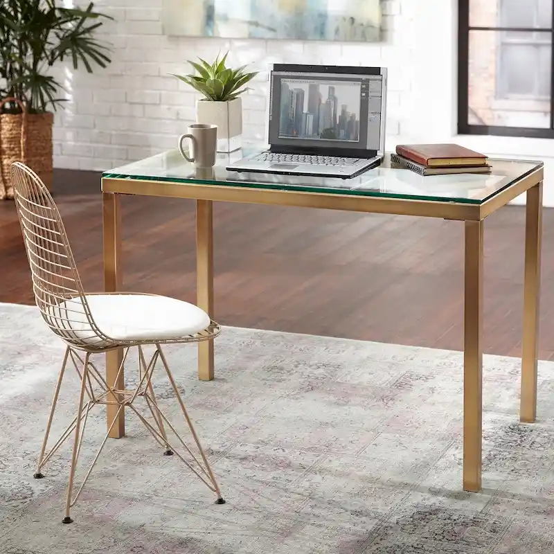 Glass Top Desk with Gold Metal Frame