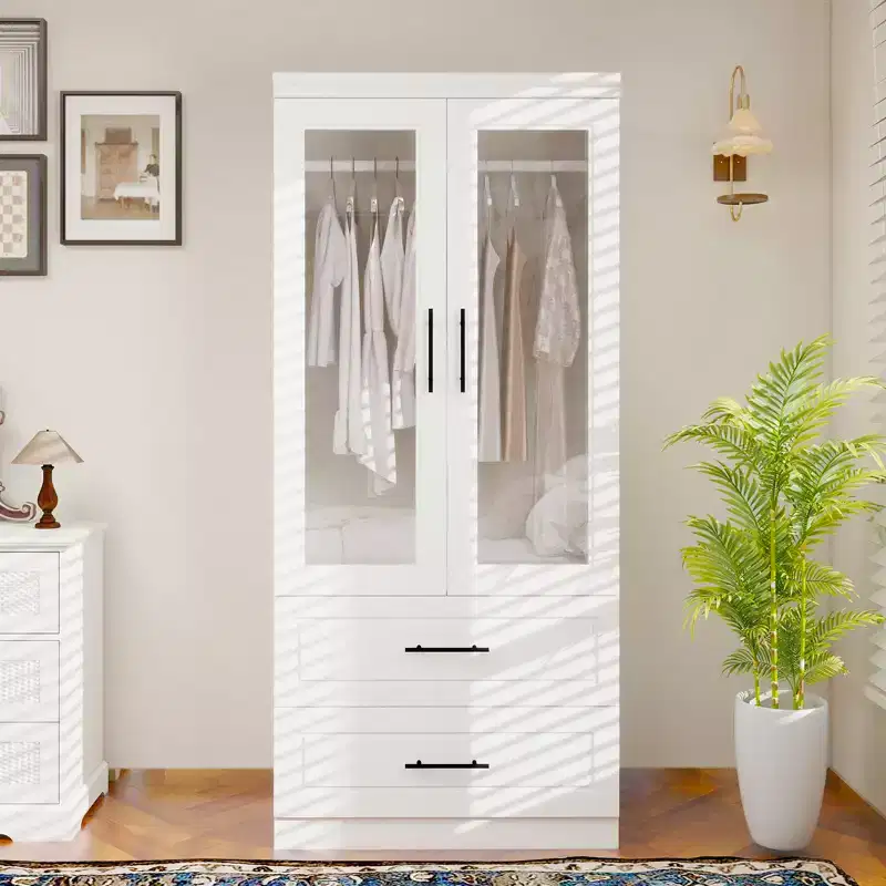Keloyid White Wood 31.5 in. Armoire with 2 Drawers and 1 Shelves