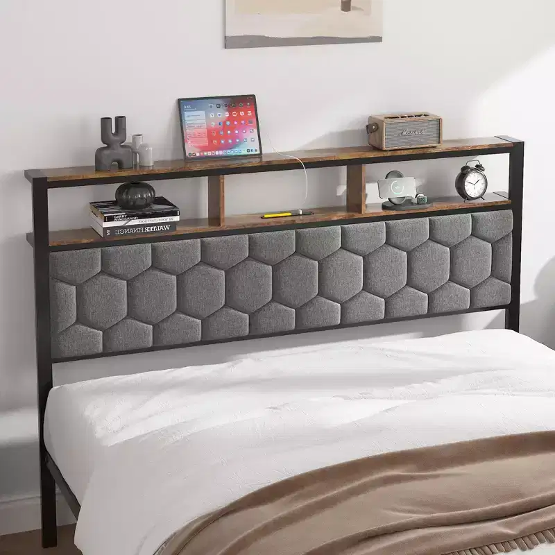 Full/Queen/King Size Wooden Platform Bed Frame with Upholstered Headboard,2 USB Ports, Large Under-Bed Storage,Noise-Free,No Box Spring Needed,Brown