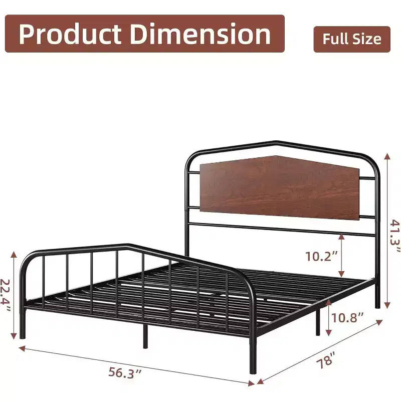 Full Size Platform Bed Frame – Black Metal & Walnut Wood Grain, For 1 Person