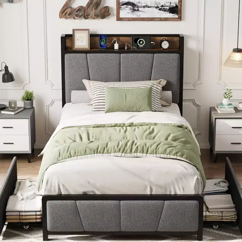 King Size Bed Frame, Storage Headboard with Charging Station, Solid and Stable, Noise Free, No Box Spring Needed, Easy Assembly