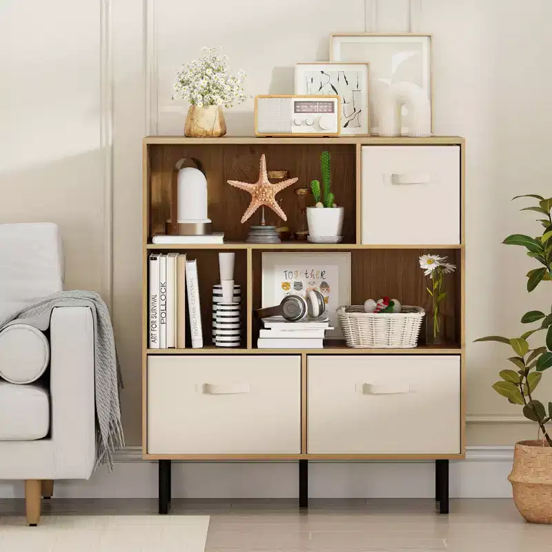 Costway 6-Cube Bookshelf with 3 Removable Folding Fabric Drawers Metal Legs for Living Room Natural/White