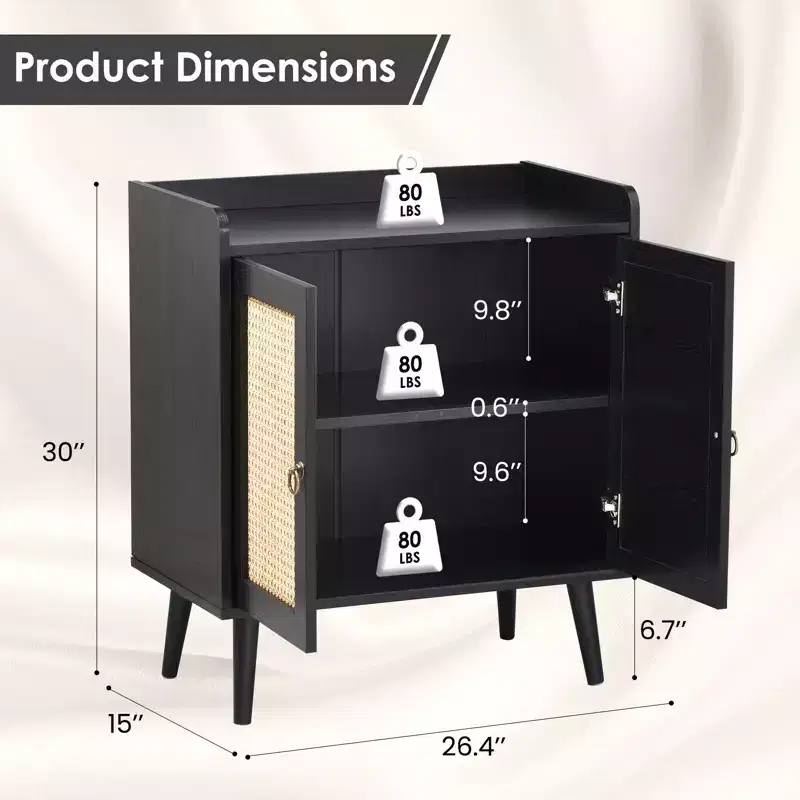 Sideboard Buffet Cabinet with Storage, Bar Liquor Cabinet with Rattan Decorated Doors, Credenza Console Table - Black