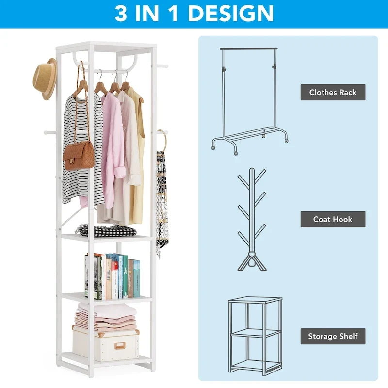 Freestanding Coat Rack with Shelves, 4 Shelves and 8 Hooks