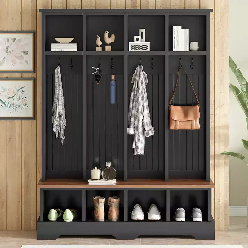 Farmhouse Hall Tree with 8 Hooks, Entryway Bench with Open Compartments, 3-in-1 Wooden Coat and Shoe Rack