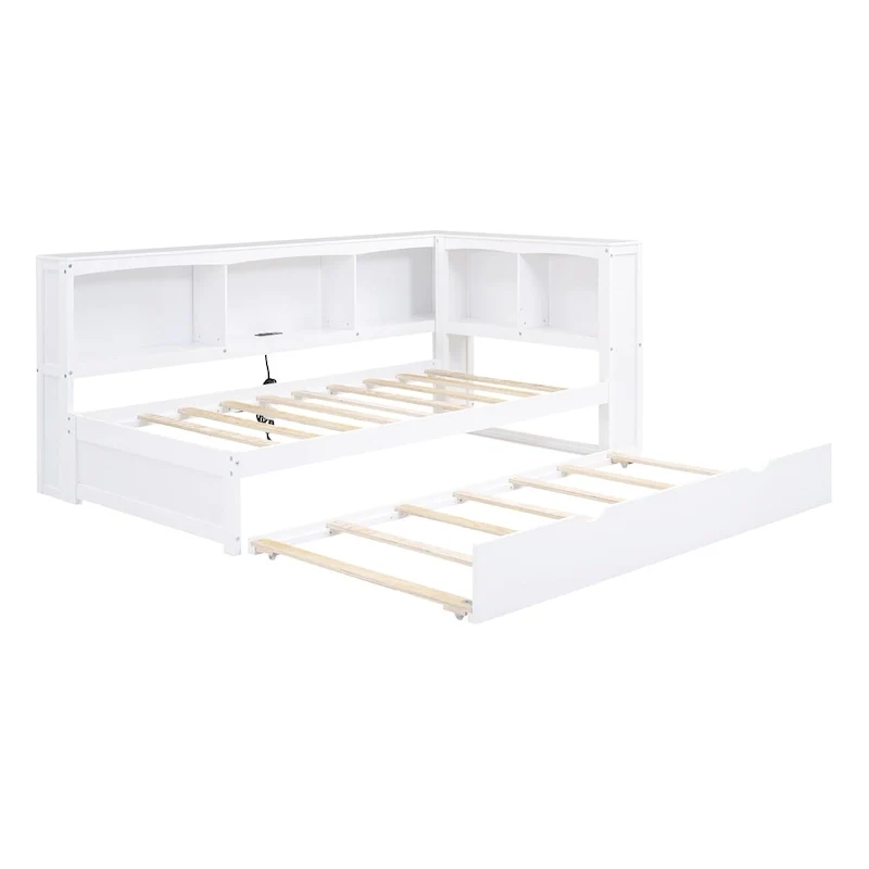 Twin Wooden Daybed with Trundle, Cabinets, and Charging Stations