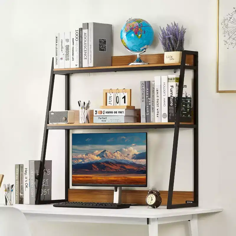 VEVOR Desktop Bookshelf, 2-Tier Desktop Storage Organizer, 37.4 x 12.6 x 35.4 Office Storage Rack Wood Color Display Shelf, Brown