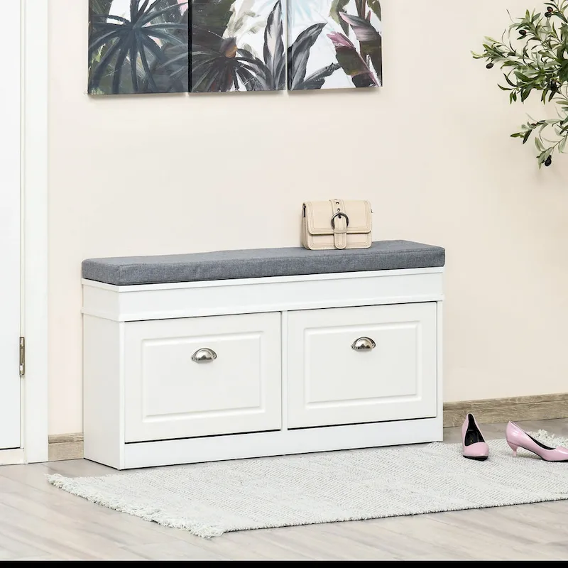 Flip-Door Shoe Bench with Cushion Seat – White, 2-Drawer, Holds 8 Pairs, 1-Person Seating