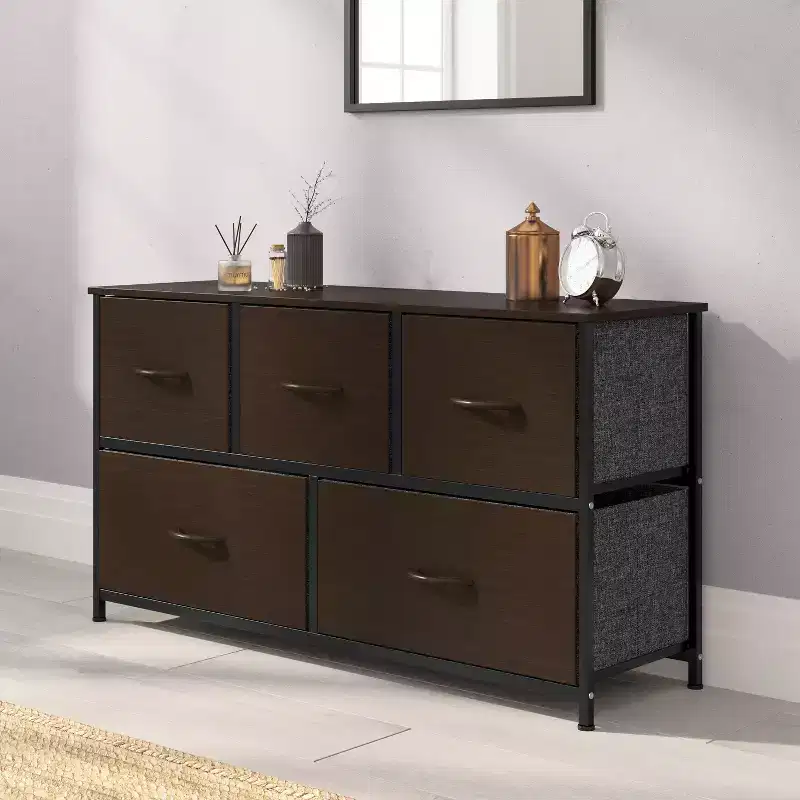 Emma and Oliver 5 Drawer Storage Dresser with Cast Iron Frame, Wood Top, and Easy Pull Fabric Drawers with Wooden Handles
