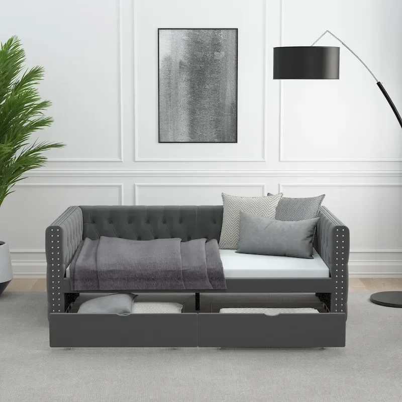 Twin Size Upholstered Tufted Daybed with Drawers,Button and Copper Nail
