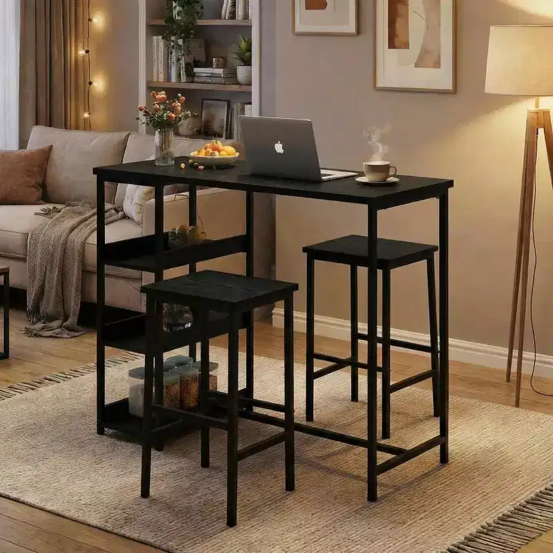3-Piece Kitchen Table Set with Storage Shelves & 2 Bar Stools - Iron and Wood Dining Table for Small Spaces, Apartments, Condos
