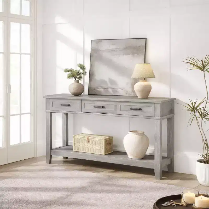 54 Farmhouse Console Table with 3 Drawers & Shelves  Entryway, Sofa, Living Room Storage Table