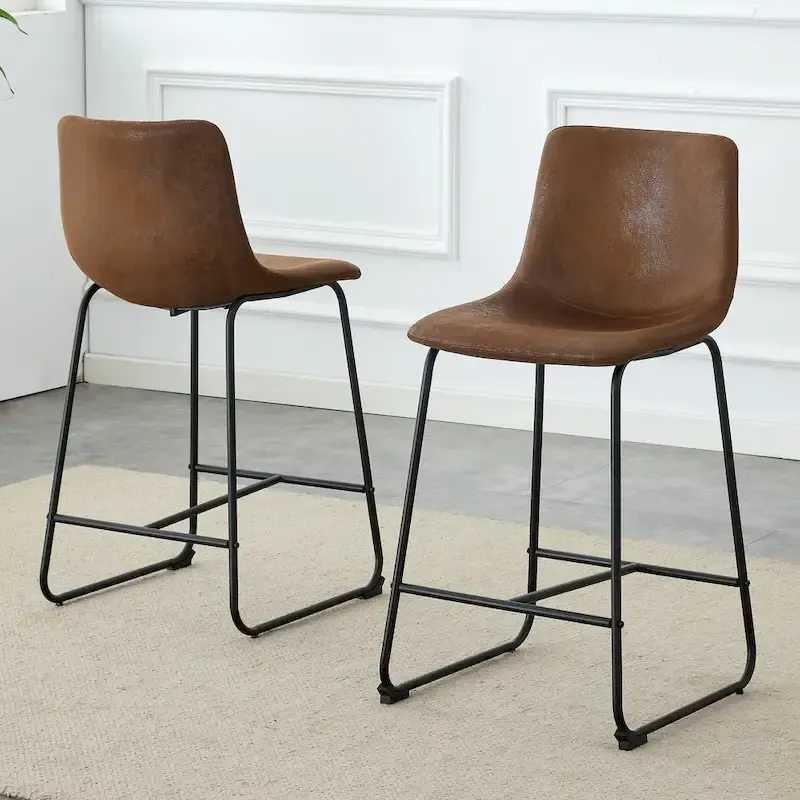 PU Leather Bar Stools (2-Pack), Counter Height Bar Stools with Back and Footrest, Kitchen Island Chair with Metal Legs