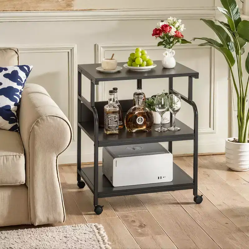 VECELO Printer Stand, 3-Tier Rolling Cart with 5-Level Adjustable Shelves & Lockable Wheels, Black